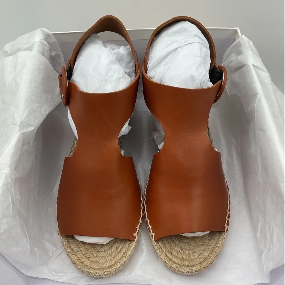 Via‎ Spiga Tan Brown Leather Espadrille Wedge Sandals Platform Buckle Open Toe